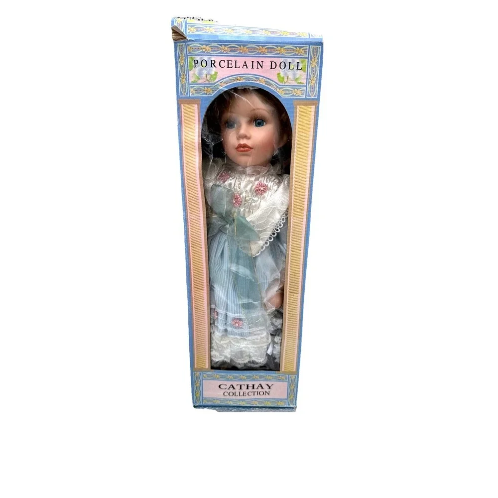 Cathay Collection Porcelain‎ Doll Blue Dress Curly Hair With Box Collectible